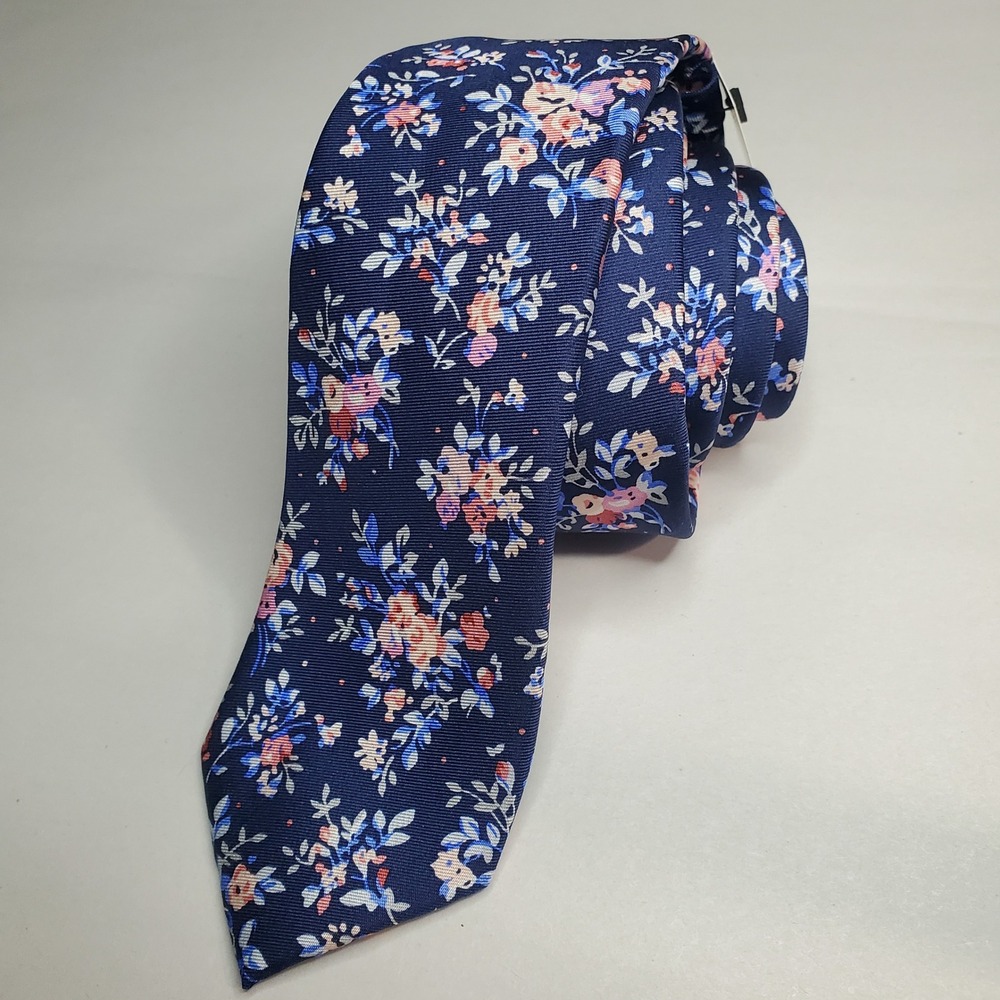 Express Mens Navy Blue Pink Floral Silk Slim Necktie NWT